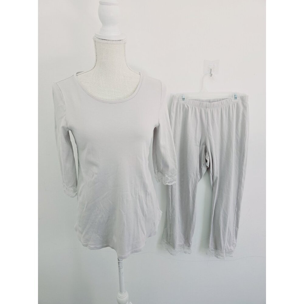 Hanro Moments Lace Trim Light Grey Gray Cotton 2 Pc Crop Pajama Set Pajamas XS